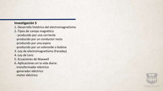 Investigación 5
1.-Desarrollo histórico del electromagnetismo
2.-Tipos de campo magnético
- producido por una corriente
-producido por un conductor recto
-producido por una espira
-producido por un solenoide o bobina
3.-Ley de electromagnetismo (Faraday)
4.-Ley de Lenz
5.-Ecuaciones de Maxwell
6.-Aplicaciones en la vida diaria:
-transformador eléctrico
-generador eléctrico
-motor eléctrico
 