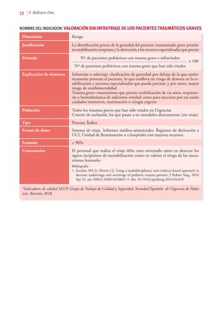 12 Y. Ballestero Díez
Dimensión Riesgo
Justificación La identificación precoz de la gravedad del paciente traumatizado grave permite
su estabilización temprana y la derivación a los recursos especializados que precise
Fórmula 	 Nº de pacientes pediátricos con trauma grave e infratriados
		 x 100
	 Nº de pacientes pediátricos con trauma grave que han sido triados
Explicación de términos Infratriaje o subtriaje: clasificación de gravedad por debajo de la que autén-
ticamente presenta el paciente, lo que conlleva un riesgo de demora en la es-
tabilización y recursos especializados que pueda precisar, y por tanto, mayor
riesgo de morbimortalidad
Trauma grave: traumatismo que precise estabilización de vía aérea, respirato-
ria o hemodinámica de suficiente entidad como para necesitar por esa razón
cuidados intensivos, reanimación o cirugía urgente
Población Todos los traumas graves que han sido triados en Urgencias
Criterio de exclusión: los que pasan a ser atendidos directamente (sin triaje)
Tipo Proceso. Índice
Fuente de datos Sistema de triaje. Informes médico-asistenciales. Registros de derivación a
UCI, Unidad de Reanimación o a hospitales con mayores recursos
Estándar > 90%
Comentarios El personal que realiza el triaje debe estar entrenado tanto en detectar los
signos incipientes de inestabilización como en valorar el riesgo de los meca-
nismos lesionales
Bibliografía
1.	Escobar MA Jr, Morris CJ. Using a multidisciplinary and evidence-based approach to
decrease undertriage and overtriage of pediatric trauma patients. J Pediatr Surg. 2016
Apr 22. pii: S0022-3468(16)30021-5. doi: 10.1016/j.jpedsurg.2016.04.010.
*Indicadores de calidad SEUP. Grupo de Trabajo de Calidad y Seguridad. Sociedad Española de Urgencias de Pedia-
tría. Revisión 2018.
NOMBRE DEL INDICADOR:VALORACIÓN SIN INFRATRIAJE DE LOS PACIENTES TRAUMÁTICOS GRAVES
 