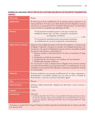13
Manejo del paciente politraumatizado
Dimensión Riesgo
Justificación El inicio precoz de la estabilización de los pacientes graves repercute en su
mejor pronóstico. Por tanto, no se debe demorar hasta la llegada de recursos
externos (p. ej., personal de UCI o Unidad de Reanimación), o la derivación
a estos servicios o a hospitales que dispongan de ellos
Fórmula 	 Nº de pacientes traumáticos graves en los que se inician las
	 medidas de soporte vital (vía aérea, respiración, circulación)
	 en Urgencias, sin demora
		 x 100
	 Nº de pacientes traumáticos graves que precisan maniobras
	 de estabilización de vía aérea, respiratoria o hemodinámica
Explicación de términos Demora en las medidas de soporte vital. Intervalo superior a 1 minuto entre
la llegada a Urgencias y la puesta en marcha, tras la llegada del paciente, di-
rectamente y sin esperar a la llegada de recursos externos, de aquellas medidas
que precise cada paciente, como puede ser:
•	 Apertura manual o instrumental de la vía aérea, sin aumentar el riesgo
cervical
•	 Ventilación con bolsa de resucitación
•	 Canalización de vías venosas o, en su defecto, de vías intraóseas
•	 Fluidoterapia ajustada a objetivos
En caso de que se omita o demore hasta la llegada de los recursos externos
una sola de las maniobras que el paciente precise, se considerará que no se ha
cumplido con los requisitos del indicador, y el paciente no podrá ser incluido
en el numerador
Población Pacientes pediátricos que precisan estabilización de vía aérea, respiratoria o
hemodinámica necesitando cuidados por esa razón en UCI o Unidad de
Reanimación, a causa de un proceso traumático agudo
Tipo Proceso
Fuente de datos Informes médico-asistenciales. Registros de derivación a otros servicios u
hospitales
Estándar > 95%
Comentarios Bibliografía
1.	Carcillo JA, Kuch BA, Han YY, Day S, Greenwald BM, McCloskey KA, Pearson-Shaver
AL, Orr RA. Mortality and functional morbidity after use of PALS/APLS by communi-
ty physicians. Pediatrics. 2009 Aug;124(2):500-8. doi: 10.1542/peds.2008-1967. Epub
2009 Jul 27.
*Indicadores de calidad SEUP. Grupo de Trabajo de Calidad y Seguridad. Sociedad Española de Urgencias de Pedia-
tría. Revisión 2018.
NOMBREDELINDICADOR:INICIOPRECOZDELAESTABILIZACIÓNENLOSPACIENTESTRAUMÁTICOS
GRAVES
 