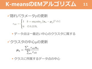 K-meansのEMアルゴリズム
隠れパラメータ𝛾の更新
 データ点は一番近い中心のクラスタに属する
クラスタの中心µの更新
 クラスに所属するデータ点の中心
11
 