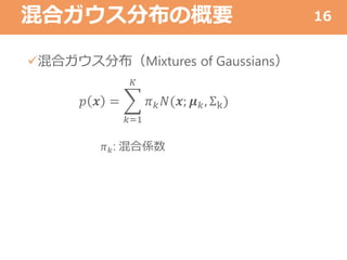 混合ガウス分布の概要
混合ガウス分布（Mixtures of Gaussians）
16
𝑝 𝒙 =
𝑘=1
𝐾
𝜋 𝑘 𝑁(𝒙; 𝝁 𝑘, Σk)
𝜋 𝑘: 混合係数
 