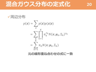 混合ガウス分布の定式化
周辺分布
𝑝 𝒙 =
𝒛
𝑝 𝒛 𝑝(𝒙|𝒛)
=
𝒛 𝑘=1
𝐾
𝜋 𝑘
𝑧 𝑘
𝑁 𝒙; 𝝁 𝑘, Σ 𝑘
𝑧 𝑘
=
𝑘=1
𝐾
𝜋 𝑘 𝑁(𝒙; 𝝁 𝑘, Σ 𝑘)
元の線形重ね合わせの式に一致
20
 