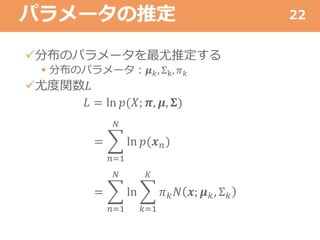 パラメータの推定
分布のパラメータを最尤推定する
 分布のパラメータ：𝝁 𝑘, Σk, 𝜋 𝑘
尤度関数𝐿
𝐿 = ln 𝑝(𝑋; 𝝅, 𝝁, 𝚺)
=
𝑛=1
𝑁
ln 𝑝(𝒙 𝑛)
=
𝑛=1
𝑁
ln
𝑘=1
𝐾
𝜋 𝑘 𝑁 𝒙; 𝝁 𝑘, Σ 𝑘
22
 