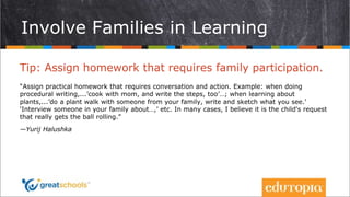 Involve Families in Learning
Tip: Assign homework that requires family participation.
“Assign practical homework that requ...