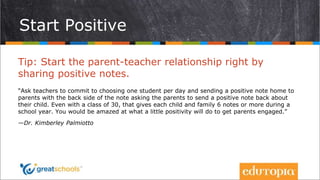 Start Positive
Tip: Start the parent-teacher relationship right by
sharing positive notes.
“Ask teachers to commit to choo...