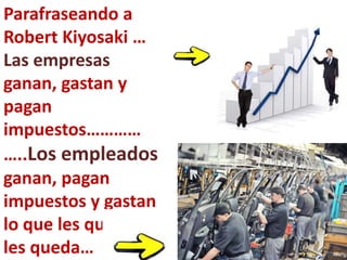 Parafraseando a
Robert Kiyosaki …
Las empresas
ganan, gastan y
pagan
impuestos…………
…..Los empleados
ganan, pagan
impuestos y gastan
lo que les queda, si
les queda…
 