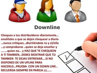 Chequea a tus distribuidores diariamente…
enséñales a que se dejen chequear a diario
…nunca critiques…divirtiéndote tu y el/ella
…y comprobaras ..quien se deja enseñar y
……..quien no… y HAZ QUE TE CHEQUEEN
A TI TAMBIEN…DEBES MOSTRAR QUE TU
TAMBIEN TE DEJAS ENTRENAR….SI NO
DISPONES DE UN UPLINE PARA
HACERLO…PRUEBA CON UN DOWN LINE..
RECUERDA SIEMPRE EN PAREJA ¡¡¡……
 