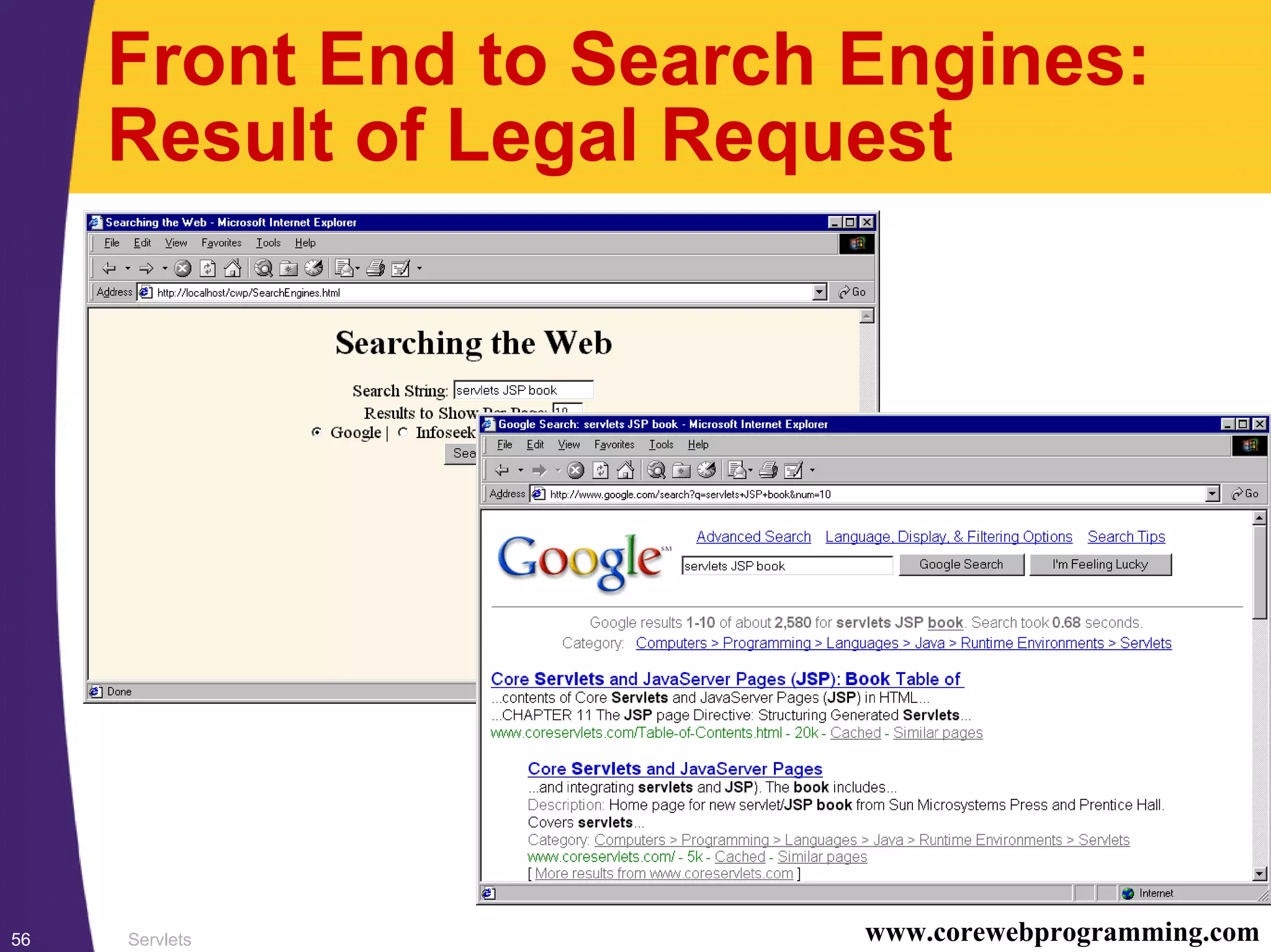 Servlets56 www.corewebprogramming.com
Front End to Search Engines:
Result of Legal Request
 