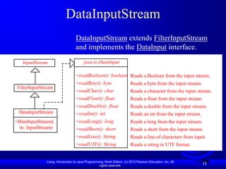 DataInputStream
                                   DataInputStream extends FilterInputStream
                                   and implements the DataInput interface.
   InputStream                           java.io.DataInput

                                   +readBoolean(): boolean Reads a Boolean from the input stream.
                                   +readByte(): byte       Reads a byte from the input stream.
 FilterInputStream
                                   +readChar(): char                       Reads a character from the input stream.
                                   +readFloat(): float                     Reads a float from the input stream.
                                   +readDouble(): float                    Reads a double from the input stream.
 DataInputStream                   +readInt(): int                         Reads an int from the input stream.
+DataInputStream(                  +readLong(): long                       Reads a long from the input stream.
  in: InputStream)                 +readShort(): short                     Reads a short from the input stream.
                                   +readLine(): String                     Reads a line of characters from input.
                                   +readUTF(): String                      Reads a string in UTF format.


               Liang, Introduction to Java Programming, Ninth Edition, (c) 2013 Pearson Education, Inc. All
                                                    rights reserved.
                                                                                                                 15
 