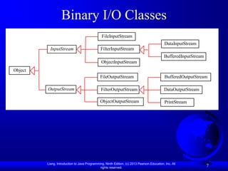 Binary I/O Classes
                                                FileInputStream
                                                                                             DataInputStream
           InputStream                         FilterInputStream
                                                                                            BufferedInputStream
                                               ObjectInputStream
Object
                                              FileOutputStream                               BufferedOutputStream

         OutputStream                          FilterOutputStream                           DataOutputStream

                                              ObjectOutputStream                             PrintStream




         Liang, Introduction to Java Programming, Ninth Edition, (c) 2013 Pearson Education, Inc. All
                                              rights reserved.
                                                                                                                  7
 