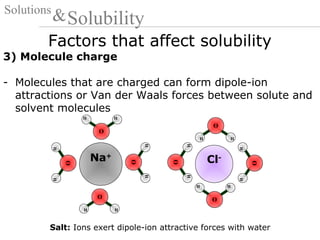 Factors that affect solubility
Solutions
Solubility&
3) Molecule charge
- Molecules that are charged can form dipole-ion
attractions or Van der Waals forces between solute and
solvent molecules
Cl-Na+
Salt: Ions exert dipole-ion attractive forces with water
O
HH
O
H H
O
HH
O
HH
O
HH
O
HH
O
HH
O
H H
 