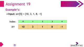 Assignment 19
Example’s:
⮚Input: arr[5] = {10, 3, 1, 8, -1}
arr 10 3 1 8 -1
0 1 2 3 4
index
 