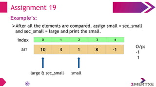 Assignment 19
Example’s:
⮚After all the elements are compared, assign small = sec_small
and sec_small = large and print the small.
arr 10 3 1 8 -1
small
large & sec_small
O/p:
-1
1
0 1 2 3 4
index
 