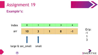 Assignment 19
Example’s:
arr 10 3 1 8 -1
large & sec_small small
O/p:
-1
1
3
0 1 2 3 4
index
 