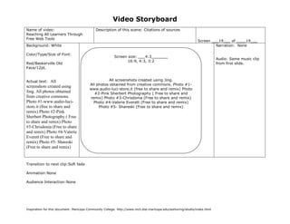 Video Storyboard
Name of video:                               Description of this scene: Citations of sources
Reaching All Learners Through
Free Web Tools
                                                                                                                Screen ___19___ of ____19___
Background: White                                                                                                        Narration: None

Color/Type/Size of Font:
                                                         Screen size: ___4:3_______
                                                                                                                           Audio: Same music clip
                                                                16:9, 4:3, 3:2
Red/Baskerville Old                                                                                                        from first slide.
Face/12pt.


Actual text:    All                                 All screenshots created using Jing.
                                         All photos obtained from creative commons. Photo #1-
screenshots created using
                                         www.audio-luci-store.it (free to share and remix) Photo
Jing. All photos obtained                   #2-Pink Sherbert Photography ( Free to share and
from creative commons.                   remix) Photo #3-Chrisdonia (Free to share and remix)
Photo #1-www.audio-luci-                   Photo #4-Valerie Everett (Free to share and remix)
store.it (free to share and                   Photo #5- Shareski (Free to share and remix)
remix) Photo #2-Pink
Sherbert Photography ( Free
to share and remix) Photo
#3-Chrisdonia (Free to share
and remix) Photo #4-Valerie
Everett (Free to share and
remix) Photo #5- Shareski
(Free to share and remix)


Transition to next clip:Soft fade           (Sketch screen here noting color, place, size of graphics if any)


Animation:None

Audience Interaction:None




Inspiration for this document: Maricopa Community College. http://www.mcli.dist.maricopa.edu/authoring/studio/index.html
 