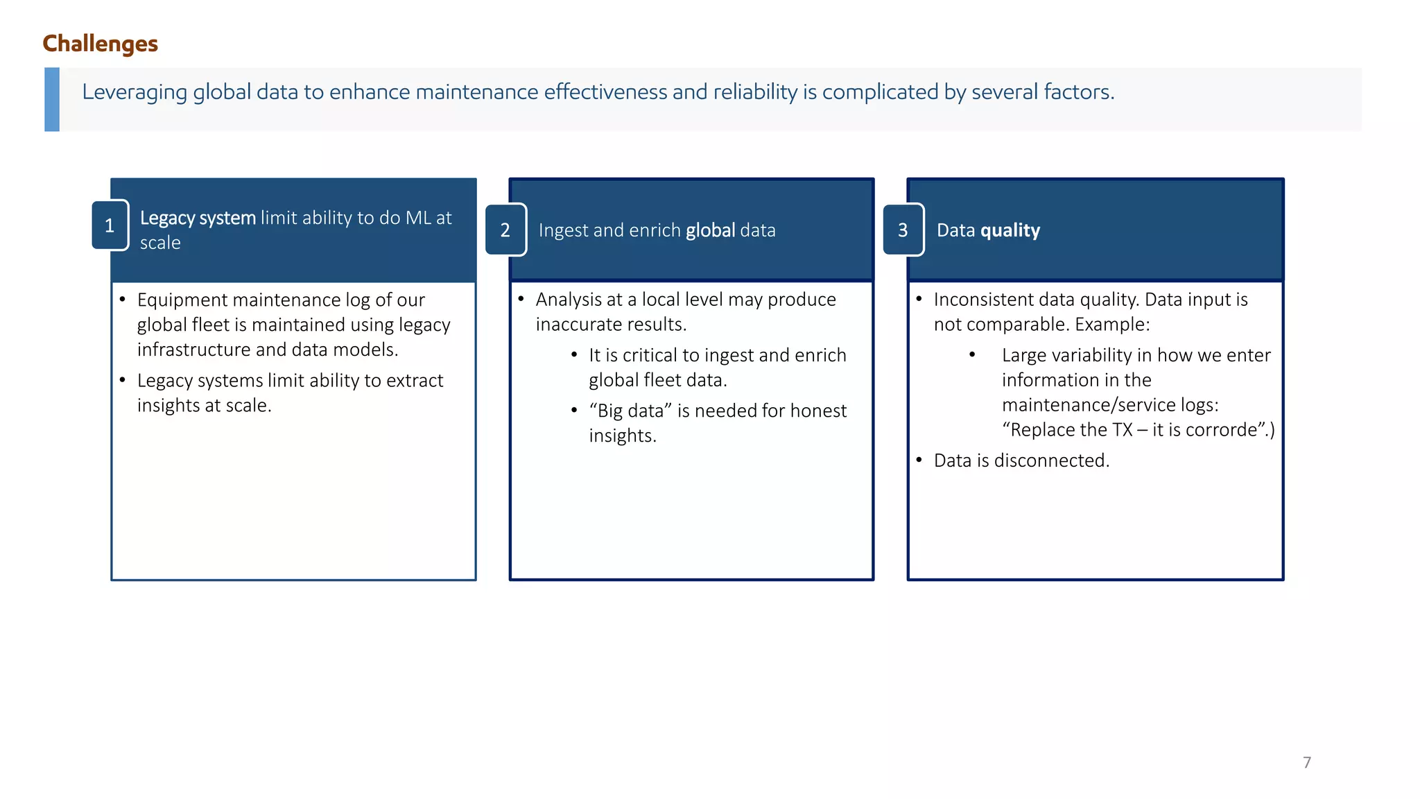 Challenges
• Equipment maintenance log of our
global fleet is maintained using legacy
infrastructure and data models.
• Legacy systems limit ability to extract
insights at scale.
Legacy system limit ability to do ML at
scale
• Analysis at a local level may produce
inaccurate results.
• It is critical to ingest and enrich
global fleet data.
• “Big data” is needed for honest
insights.
Ingest and enrich global data
• Inconsistent data quality. Data input is
not comparable. Example:
• Large variability in how we enter
information in the
maintenance/service logs:
“Replace the TX – it is corrorde”.)
• Data is disconnected.
Data quality
2 3
1
7
Leveraging global data to enhance maintenance effectiveness and reliability is complicated by several factors.
 