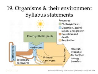 09/04/2016
19. Organisms & their environment
Syllabus statements
Statements from Cambridge IGCSE Chemistry syllabus 0610 (for exams in 2016 – 2018)
 