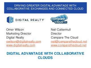 Neil Cattermull
Director
Compare The Cloud
neil@comparethecloud.net
www.comparethecloud.net
Omer Wilson
Marketing Director
Digital Realty
owilson@digitalrealty.com
www.digitalrealty.com
DIGITAL ADVANTAGE WITH COLLABORATIVE
CLOUDS
DRIVING GREATER DIGITAL ADVANTAGE WITH
COLLABORATIVE EXCHANGES AND CONNECTED CLOUD
 