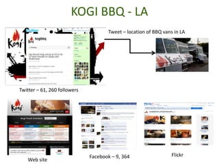 KOGI BBQ - LA<br />Tweet – location of BBQ vans in LA<br />Twitter – 61, 260 followers<br />Flickr<br />Facebook – 9, 364<...