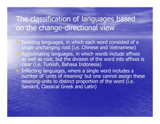 The classification of languages based
                         g g
on the change-directional view
       change-
• Isolating languages, in which each word consisted of a
    single unchanging root (i.e. Chinese and Vietnamese)
•   Agglutinating languages, in which words include affixes
                    languages
    as well as root, but the division of the word into affixes is
    clear (i.e. Turkish, Bahasa Indonesia)
•   Inflecting languages, where a single word includes a
                lang ages he e               o d incl des
    number of ‘units of meaning’ but one cannot assign these
    meaning-
    meaning-units to distinct proportion of the word (i.e.
    Sanskrit, Cl i l Greek and Latin)
    S    k it Classical G k d L ti )
 
