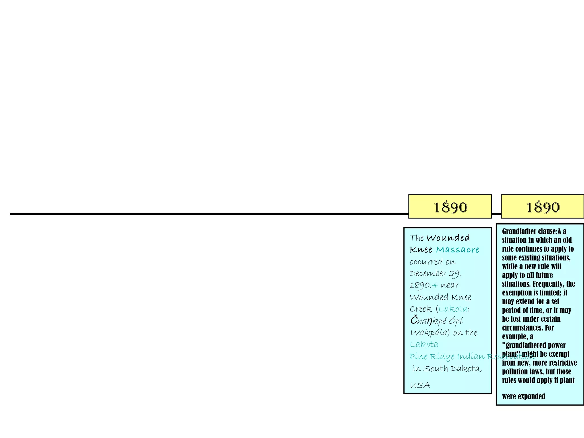 1890                        1890
                          Grandfather clause:A a
The Wounded          situation in which an old
Knee Massacre        rule continues to apply to
                     some existing situations,
occurred on
                     while a new rule will
December 29,         apply to all future
1890,4 near          situations. Frequently, the
                     exemption is limited; it
Wounded Knee         may extend for a set
Creek (Lakota:       period of time, or it may
Čhaŋkpé Ópi          be lost under certain
                     circumstances. For
Wakpála) on the      example, a
Lakota               "grandfathered power
Pine Ridge Indian Reservation be exempt
                     plant" might
                     from new, more restrictive
 in South Dakota,    pollution laws, but those
                          rules would apply if plant
USA
                          were expanded
 