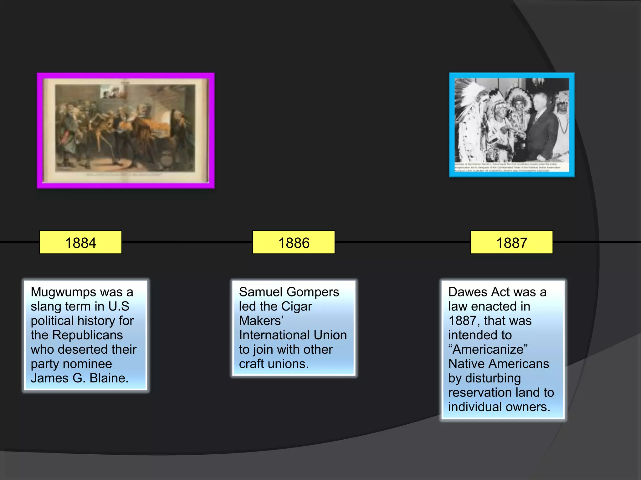 1884                    1886                    1887


Mugwumps was a          Samuel Gompers        Dawes Act was a
slang term in U.S       led the Cigar         law enacted in
political history for   Makers’               1887, that was
the Republicans         International Union   intended to
who deserted their      to join with other    “Americanize”
party nominee           craft unions.         Native Americans
James G. Blaine.                              by disturbing
                                              reservation land to
                                              individual owners.
 