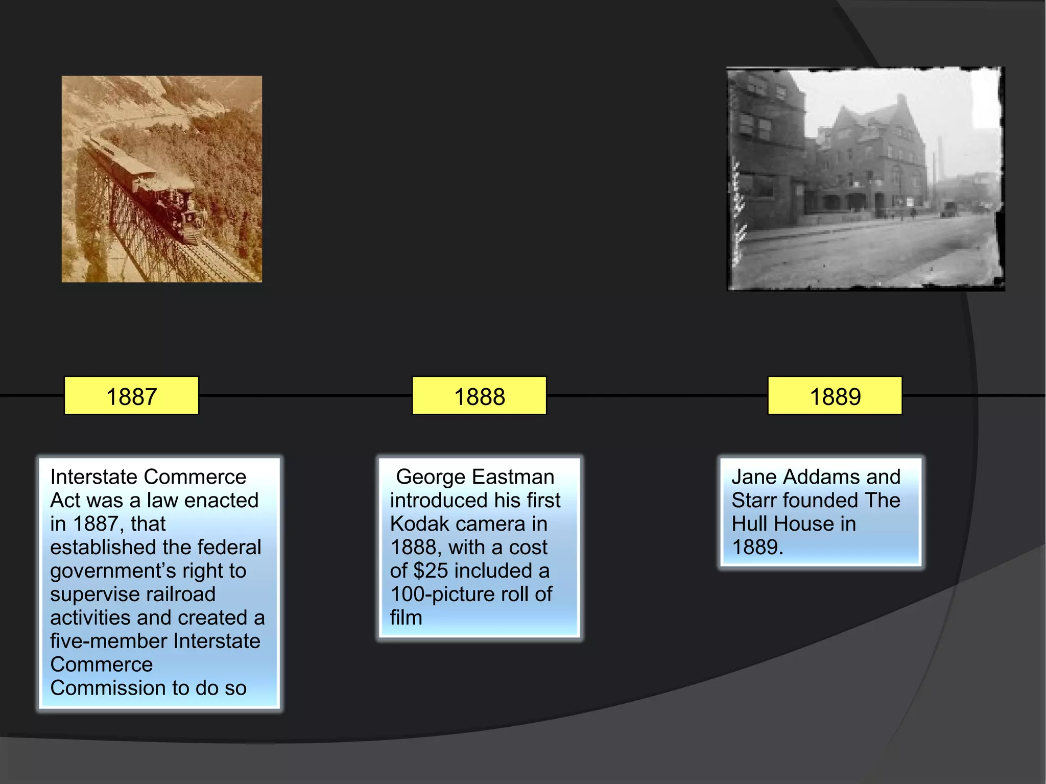 1887                        1888                   1889


Interstate Commerce         George Eastman        Jane Addams and
Act was a law enacted      introduced his first   Starr founded The
in 1887, that              Kodak camera in        Hull House in
established the federal    1888, with a cost      1889.
government’s right to      of $25 included a
supervise railroad         100-picture roll of
activities and created a   film
five-member Interstate
Commerce
Commission to do so
 