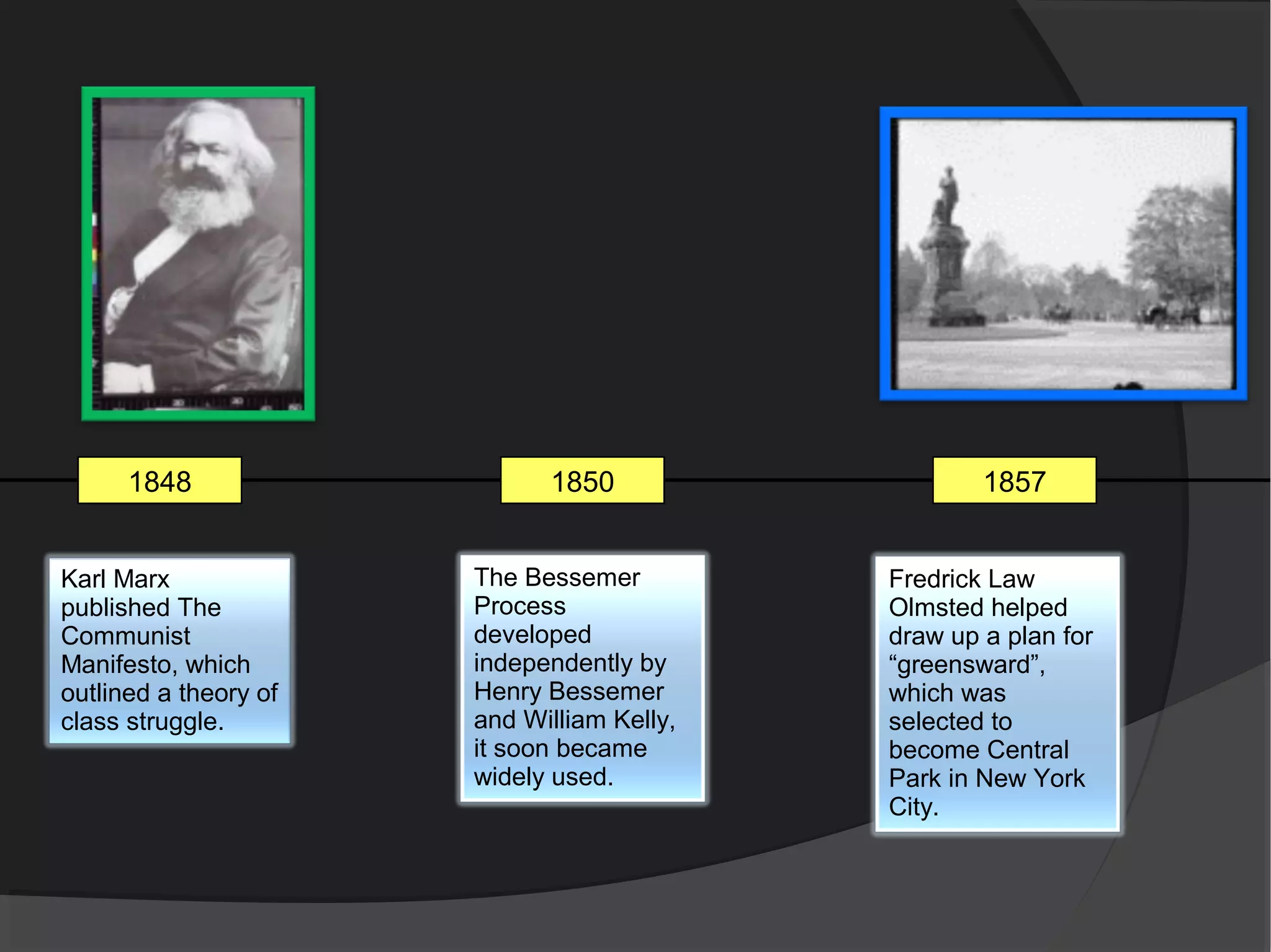 1848                   1850                   1857


Karl Marx              The Bessemer         Fredrick Law
published The          Process              Olmsted helped
Communist              developed            draw up a plan for
Manifesto, which       independently by     “greensward”,
outlined a theory of   Henry Bessemer       which was
class struggle.        and William Kelly,   selected to
                       it soon became       become Central
                       widely used.         Park in New York
                                            City.
 