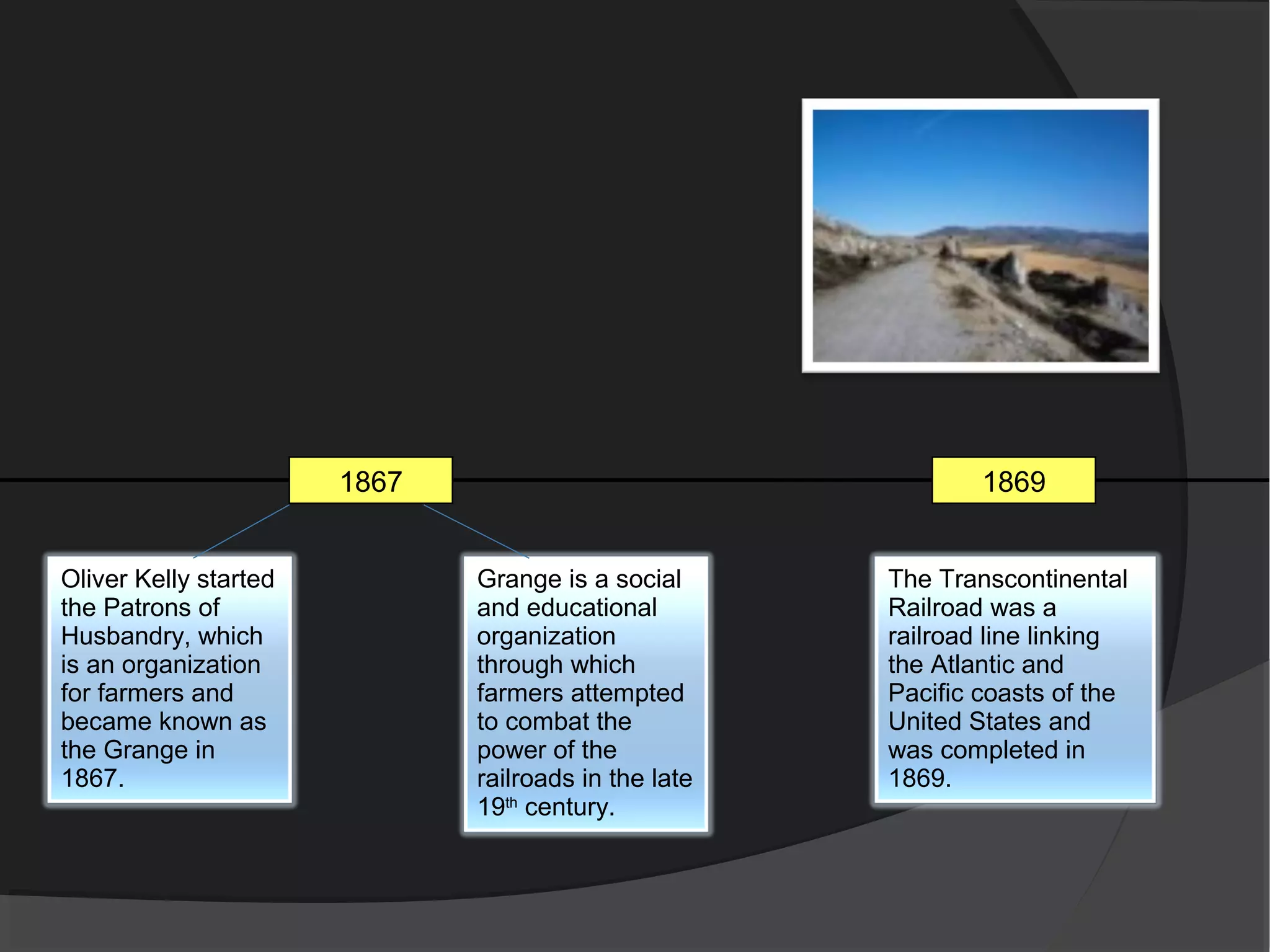 1867                                   1869


Oliver Kelly started          Grange is a social      The Transcontinental
the Patrons of                and educational         Railroad was a
Husbandry, which              organization            railroad line linking
is an organization            through which           the Atlantic and
for farmers and               farmers attempted       Pacific coasts of the
became known as               to combat the           United States and
the Grange in                 power of the            was completed in
1867.                         railroads in the late   1869.
                              19th century.
 