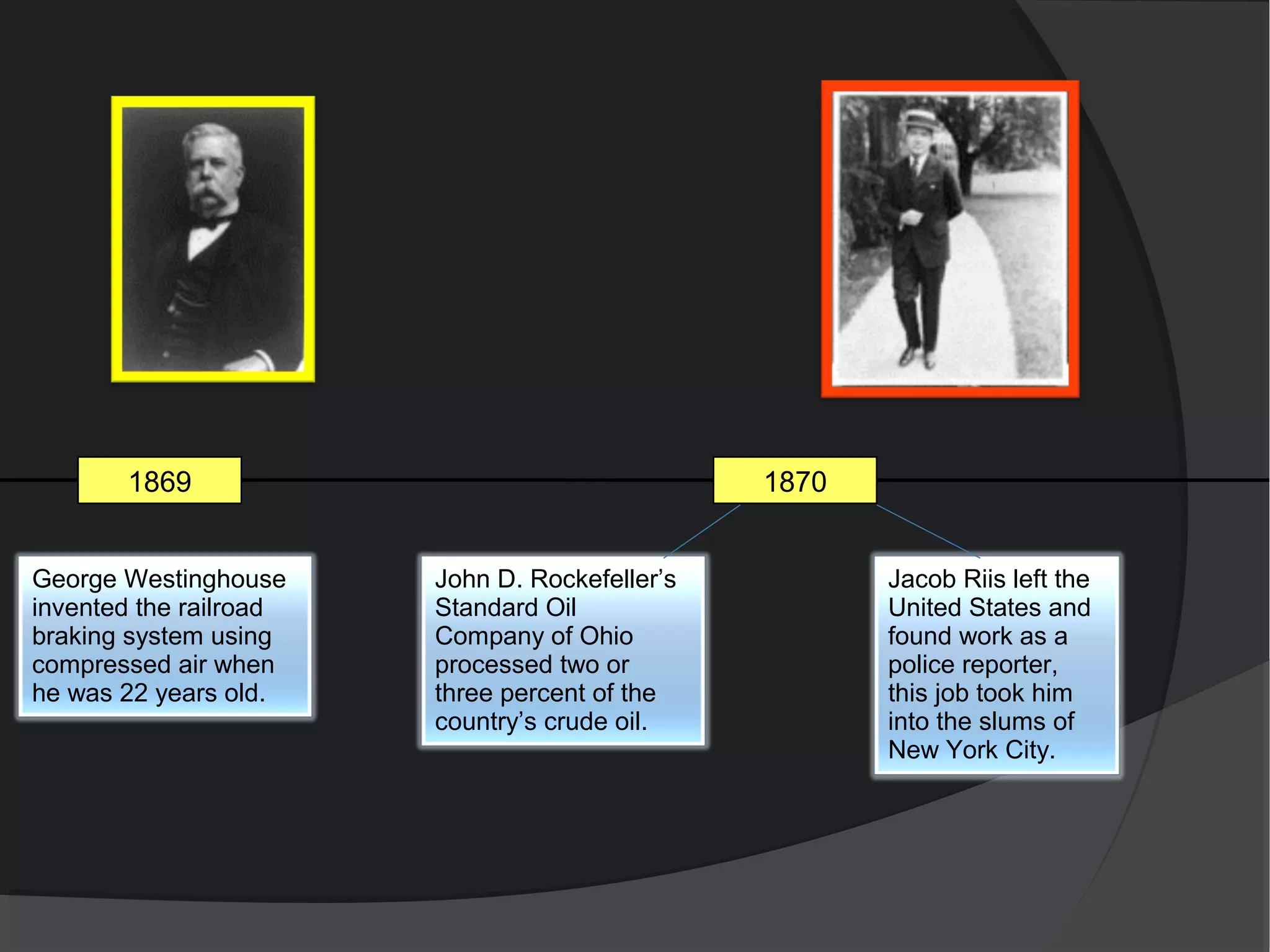 1869                                     1870


George Westinghouse     John D. Rockefeller’s          Jacob Riis left the
invented the railroad   Standard Oil                   United States and
braking system using    Company of Ohio                found work as a
compressed air when     processed two or               police reporter,
he was 22 years old.    three percent of the           this job took him
                        country’s crude oil.           into the slums of
                                                       New York City.
 