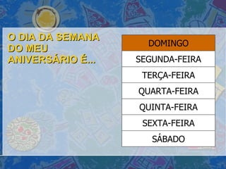 O DIA DA SEMANA DO MEU ANIVERSÁRIO É... SÁBADO SEXTA-FEIRA QUINTA-FEIRA QUARTA-FEIRA TERÇA-FEIRA SEGUNDA-FEIRA DOMINGO 