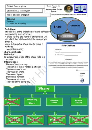 Objective
To Learn
1. Share and its typology
Definition :
The interest of the shareholder in the company
measured by sum of money.
A share is one of a number of individual unit
into which the total capital of the company is
divided .
(only fully paid up share can be issue )
Nature :
Movable property
Share certificate
Definition :
Is a document of title of the share held In a
company .
Information :
Name of the company
The name of the of holder (particular )
The number of share
The value of share
The amount paid
Distinctive number
The nature of share
The seal of the company
Subject: Company Law
Standard: LL.B second year
Topic: Sources of capital
MUNIR HUSSAIN KTK
Lecturer
UNIVERSITY LAW COLLEGE
QUETTA
www.facebook.com/pages/Corridor-to-Commercial-Law
Sources of capital
Share Debenture
 