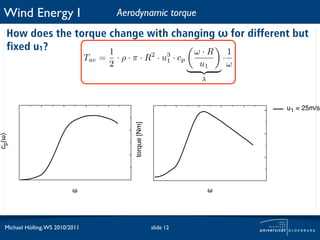 Wind Energy I                               Aerodynamic torque
   How does the torque change with changing ω for different but
   fixed u1?           1               ω·R   1
                                  Tae =       · ρ · π · R2 · u3 · cp                 ·
                                          2                   1
                                                                             u1          ω
                                                                             λ



                                                                                             u1 = 25m/s



                                                    torque [Nm]
cp(!)




                            !                                                    !




  Michael Hölling, WS 2010/2011                                   slide 12
 