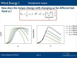 Wind Energy I                               Aerodynamic torque
   How does the torque change with changing ω for different but
   fixed u1?           1               ω·R   1
                                  Tae =       · ρ · π · R2 · u3 · cp                 ·
                                          2                   1
                                                                             u1          ω
                                                                             λ



                                                                                             u1 = 25m/s
                                                                                             u1 = 22m/s


                                                    torque [Nm]
                                                                                             u1 = 20m/s
                                                                                             u1 = 17m/s
cp(!)




                                                                                             u1 = 14m/s




                            !                                                    !




  Michael Hölling, WS 2010/2011                                   slide 16
 