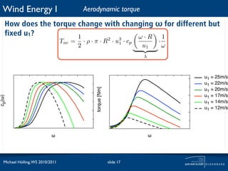 Wind Energy I                               Aerodynamic torque
   How does the torque change with changing ω for different but
   fixed u1?           1               ω·R   1
                                  Tae =       · ρ · π · R2 · u3 · cp                 ·
                                          2                   1
                                                                             u1          ω
                                                                             λ



                                                                                             u1 = 25m/s
                                                                                             u1 = 22m/s


                                                    torque [Nm]
                                                                                             u1 = 20m/s
                                                                                             u1 = 17m/s
cp(!)




                                                                                             u1 = 14m/s
                                                                                             u1 = 12m/s




                            !                                                    !




  Michael Hölling, WS 2010/2011                                   slide 17
 