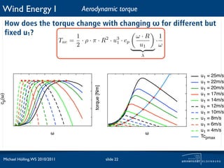 Wind Energy I                               Aerodynamic torque
   How does the torque change with changing ω for different but
   fixed u1?           1               ω·R   1
                                  Tae =       · ρ · π · R2 · u3 · cp                 ·
                                          2                   1
                                                                             u1          ω
                                                                             λ



                                                                                             u1 = 25m/s
                                                                                             u1 = 22m/s


                                                    torque [Nm]
                                                                                             u1 = 20m/s
                                                                                             u1 = 17m/s
cp(!)




                                                                                             u1 = 14m/s
                                                                                             u1 = 12m/s
                                                                                             u1 = 10m/s
                                                                                             u1 = 8m/s
                                                                                             u1 = 6m/s
                                                                                             u1 = 4m/s
                            !                                                    !
                                                                                             Tcpmax



  Michael Hölling, WS 2010/2011                                   slide 22
 