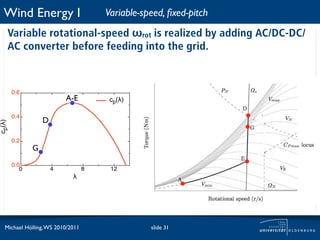 Wind Energy I                        Variable-speed, ﬁxed-pitch
    Variable rotational-speed ωrot is realized by adding AC/DC-DC/
    AC converter before feeding into the grid.



        0.6
                           A-E          cp(!)

        0.4
                   D
cp(!)




        0.2
               G
        0.0
           0           4           8    12
                             !




   Michael Hölling, WS 2010/2011                  slide 31
 