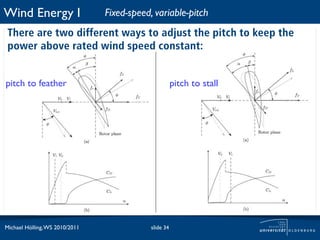 Wind Energy I                   Fixed-speed, variable-pitch
 There are two different ways to adjust the pitch to keep the
 power above rated wind speed constant:


pitch to feather                                       pitch to stall




Michael Hölling, WS 2010/2011               slide 34
 