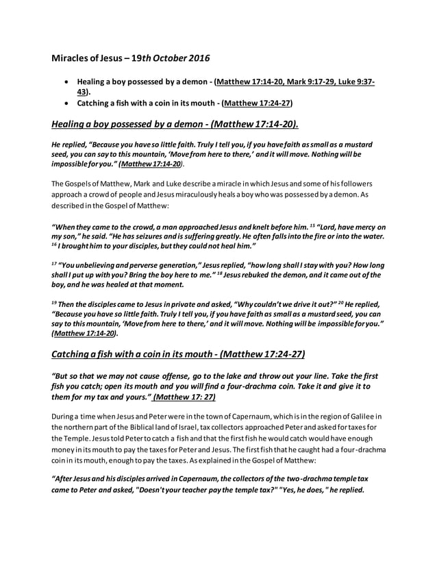 19th Uctober 2016 Miracles of Jesus Healing a boy possessed by a