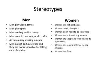 Stereotypes
Men
• Men play video games
• Men play sport
• Men are lazy and/or messy
• Men do not cook, sew, or do crafts
• All men enjoy working on cars
• Men do not do housework and
they are not responsible for taking
care of children
Women
• Women are not politicians
• Women don’t play sports
• Women don’t need to go to college
• Women are not as strong as men
• Women are supposed to cook and do
housework
• Women are responsible for raising
children
• Women are flirts
 