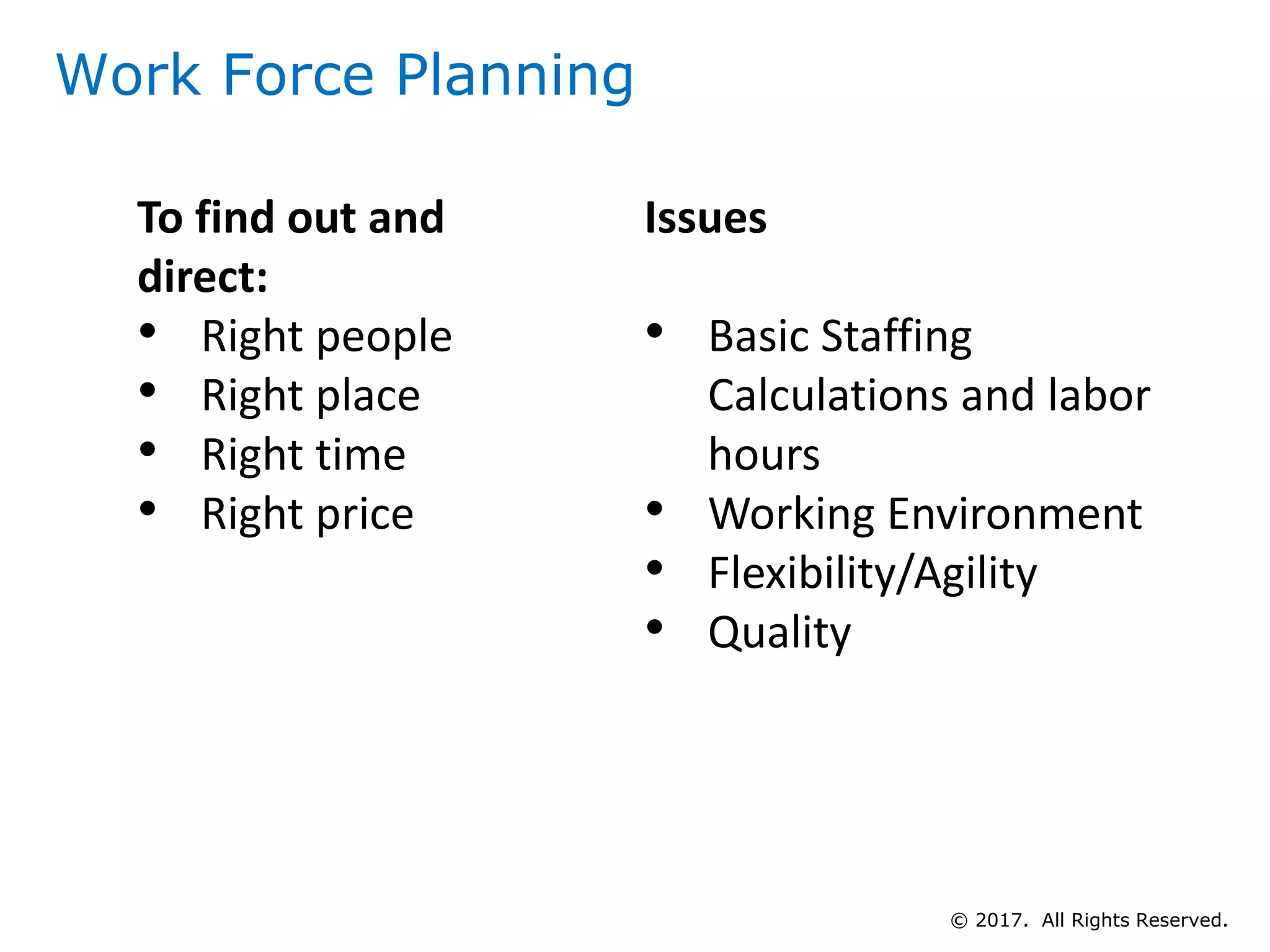 Work Force Planning
To find out and
direct:
• Right people
• Right place
• Right time
• Right price
Issues
• Basic Staffing
Calculations and labor
hours
• Working Environment
• Flexibility/Agility
• Quality
© 2017. All Rights Reserved.
 