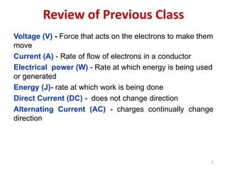 Review of Previous Class
Voltage (V) - Force that acts on the electrons to make them
move
Current (A) - Rate of flow of electrons in a conductor
Electrical power (W) - Rate at which energy is being used
or generated
Energy (J)- rate at which work is being done
Direct Current (DC) - does not change direction
Alternating Current (AC) - charges continually change
direction
2
 