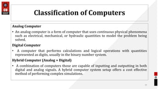 Classification of Computers
Analog Computer
• An analog computer is a form of computer that uses continuous physical phenomena
such as electrical, mechanical, or hydraulic quantities to model the problem being
solved.
Digital Computer
• A computer that performs calculations and logical operations with quantities
represented as digits, usually in the binary number system.
Hybrid Computer (Analog + Digital)
• A combination of computers those are capable of inputting and outputting in both
digital and analog signals. A hybrid computer system setup offers a cost effective
method of performing complex simulations.
39
 