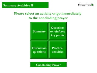 Summary
Questions
to reinforce
key points
Discussion
questions
Practical
activities
Summary Activities II
Please select an activity or go immediately
to the concluding prayer
Concluding Prayer
 