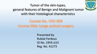 Tumor of the skin-types,
general features of Benign and Malignant tumor
with their histological characteristics
Presented by
Rubiat Ferdous
ID No. 19VS-JJ15
Reg. No. 41273
 