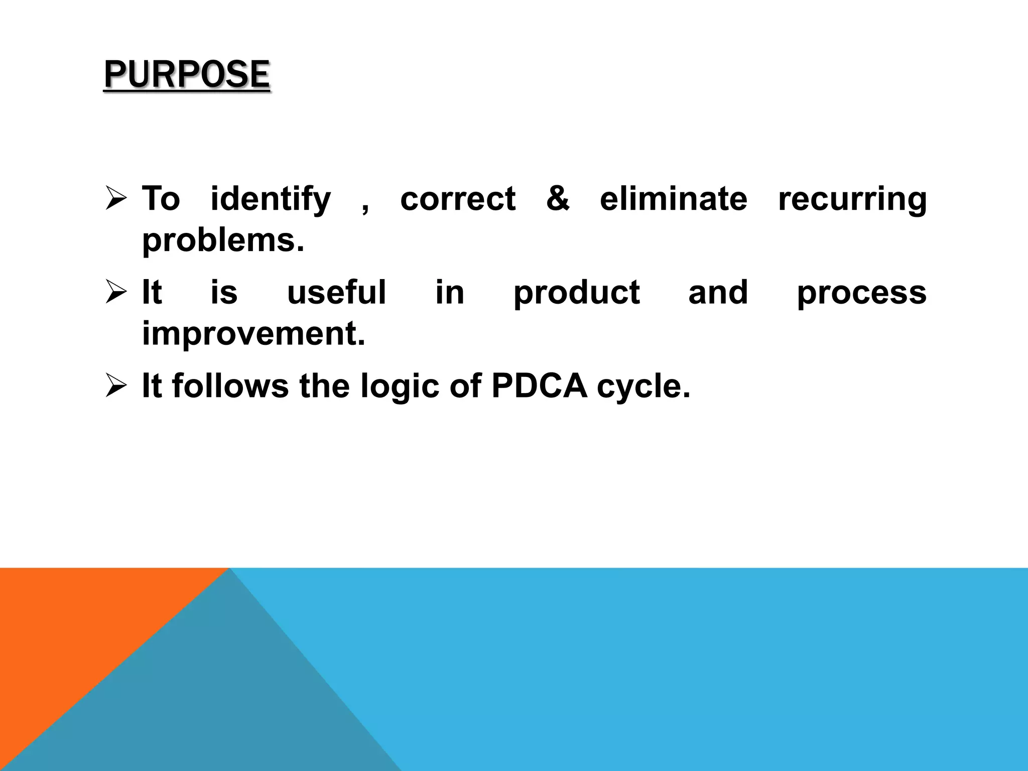PURPOSE 
 To identify , correct & eliminate recurring 
problems. 
 It is useful in product and process 
improvement. 
 It follows the logic of PDCA cycle. 
 