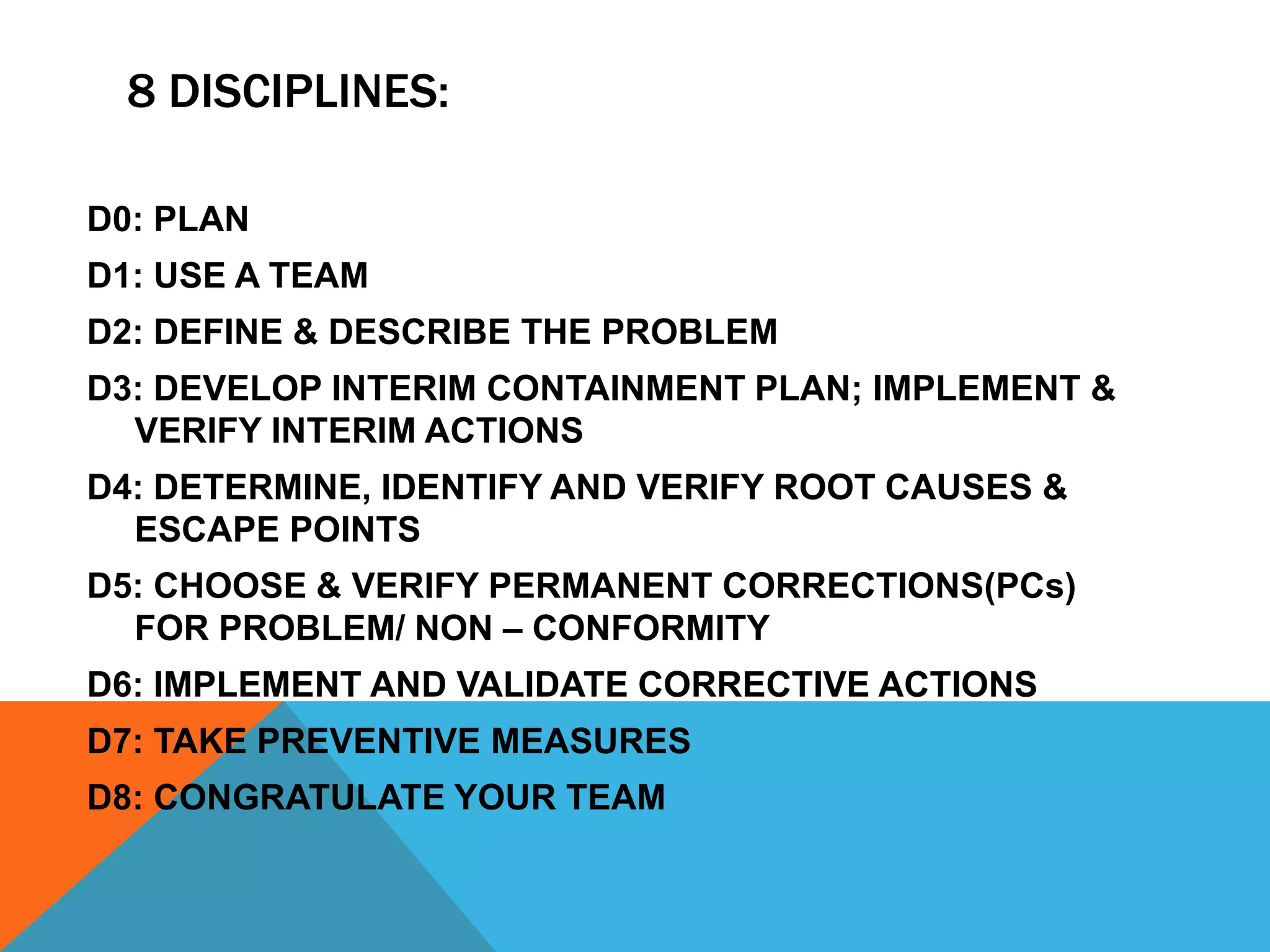 8 DISCIPLINES: 
D0: PLAN 
D1: USE A TEAM 
D2: DEFINE & DESCRIBE THE PROBLEM 
D3: DEVELOP INTERIM CONTAINMENT PLAN; IMPLEMENT & 
VERIFY INTERIM ACTIONS 
D4: DETERMINE, IDENTIFY AND VERIFY ROOT CAUSES & 
ESCAPE POINTS 
D5: CHOOSE & VERIFY PERMANENT CORRECTIONS(PCs) 
FOR PROBLEM/ NON – CONFORMITY 
D6: IMPLEMENT AND VALIDATE CORRECTIVE ACTIONS 
D7: TAKE PREVENTIVE MEASURES 
D8: CONGRATULATE YOUR TEAM 
 