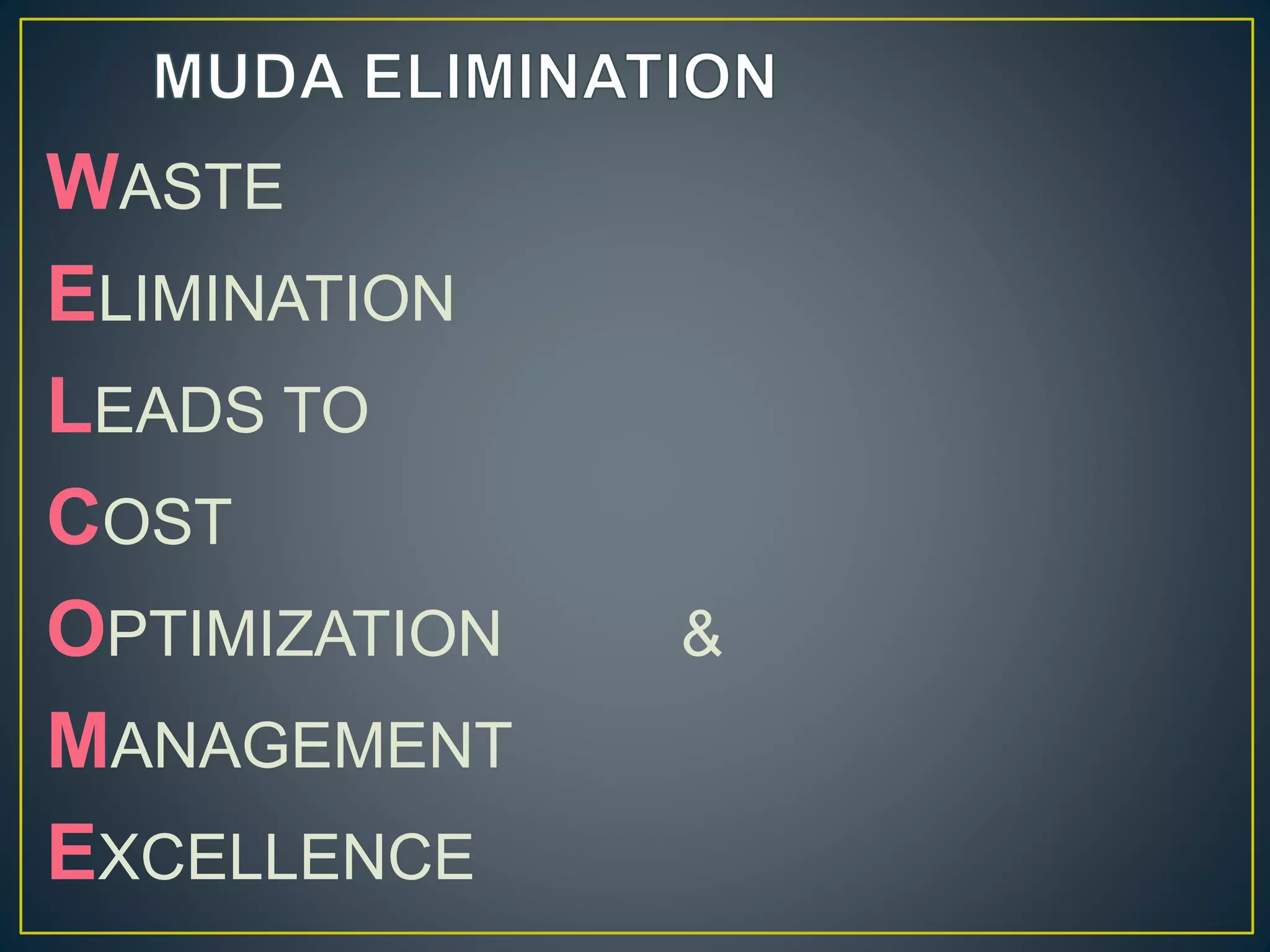 WASTE 
ELIMINATION 
LEADS TO 
COST 
OPTIMIZATION & 
MANAGEMENT 
EXCELLENCE 
 