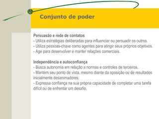 Conjunto de poder
Persuasão e rede de contatos
- Utiliza estratégias deliberadas para influenciar ou persuadir os outros.
- Utiliza pessoas-chave como agentes para atingir seus próprios objetivos.
- Age para desenvolver e manter relações comerciais.
Independência e autoconfiança
- Busca autonomia em relação a normas e controles de terceiros.
- Mantém seu ponto de vista, mesmo diante da oposição ou de resultados
inicialmente desanimadores.
- Expressa confiança na sua própria capacidade de completar uma tarefa
difícil ou de enfrentar um desafio.
 
