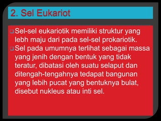 Sel-sel eukariotik memiliki struktur yang
lebh maju dari pada sel-sel prokariotik.
Sel pada umumnya terlihat sebagai massa
yang jenih dengan bentuk yang tidak
teratur, dibatasi oleh suatu selaput dan
ditengah-tengahnya tedapat bangunan
yang lebih pucat yang bentuknya bulat,
disebut nukleus atau inti sel.
 